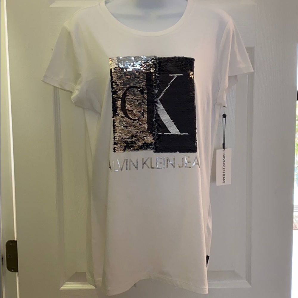 CALVIN KLEIN WOMENS SEQUINED CK LOGO T-SHIRT